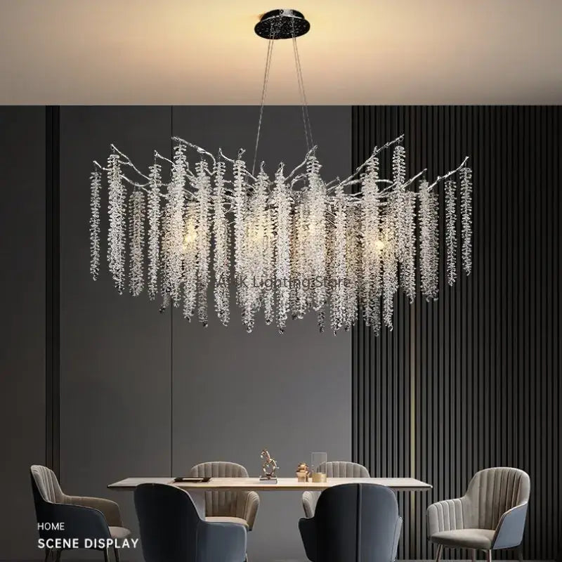 Elegant modern gold crystal tassel pendant chandelier with clear glass elements and sleek black ceiling fixture for dining room lighting