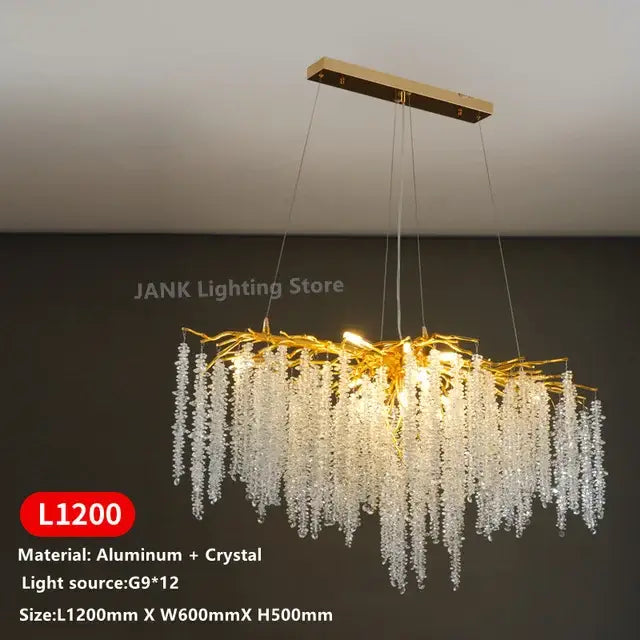 Modern gold crystal tassel pendant chandelier with cascading crystal strands and aluminum frame for dining room lighting