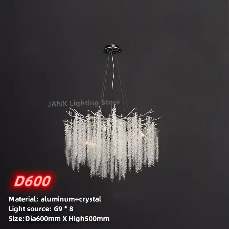 Modern gold crystal tassel pendant chandelier with sleek aluminum frame and clear crystal tassel strands for dining room decorbites