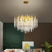 Modern gold crystal tassel pendant chandelier with golden metal frame and clear crystal beads for dining room lighting