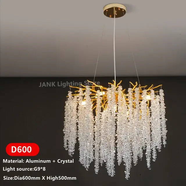 Modern gold crystal tassel pendant chandelier featuring a golden branch design with cascading clear crystal droplets for dining room lighting