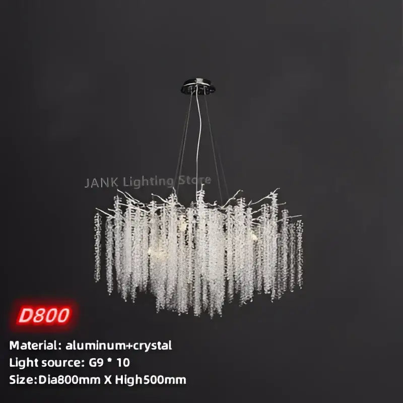 Modern gold crystal tassel pendant chandelier with cascading crystal strands and aluminum frame for dining room lighting