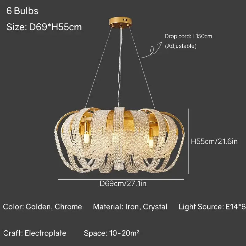Modern gold crystal tassels led chandelier with intricate golden and chrome crystal tassels on iron frame for dining room decorbites crystal tassels