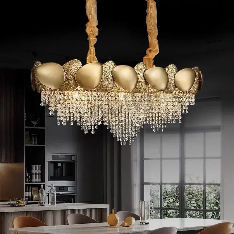 Modern gold crystal tassels led pendant chandelier with sculptural orbs and cascading decorbites crystal tassels for dining room