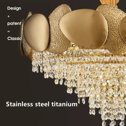 Modern gold pendant chandelier with hammered metallic plates and polished centers featuring decorbites crystal tassles led accents