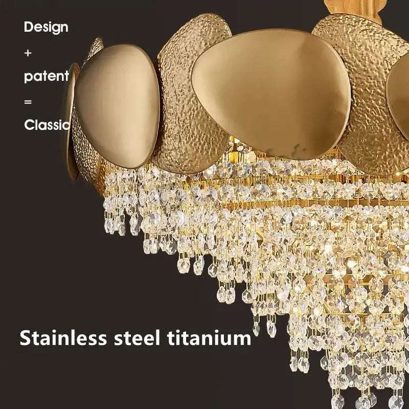 Modern gold pendant chandelier with hammered metallic plates and polished centers featuring decorbites crystal tassles led accents
