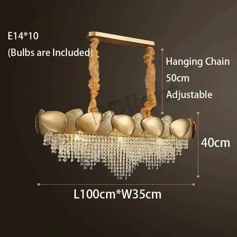 Modern gold pendant chandelier with oval metal fixtures and decorbites crystal tassles led for living room decor