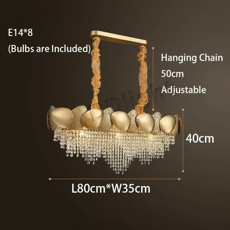 Modern gold pendant chandelier with eight egg-shaped lamp holders and decorbites crystal tassles led droplets