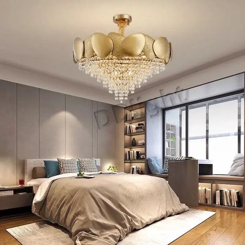 Modern gold pendant chandelier with petal design and decorbites crystal tassles led for living room decor