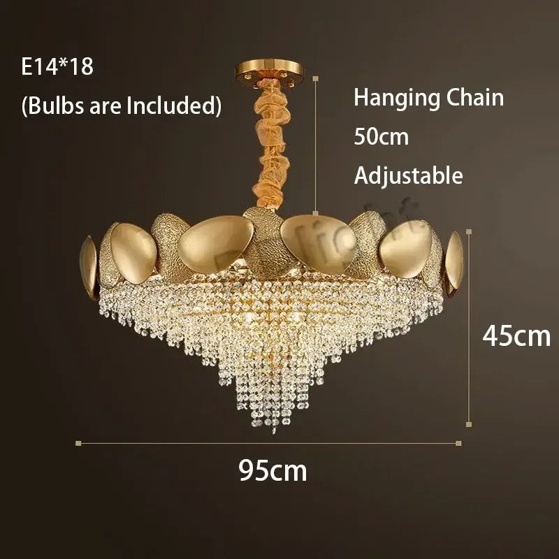 Modern gold pendant chandelier with textured shell frame and decorbites crystal tassles led for living room decor