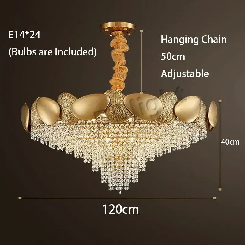 Modern gold pendant chandelier with decorbites crystal tassles featuring large oval plates and cascading crystal tassles led