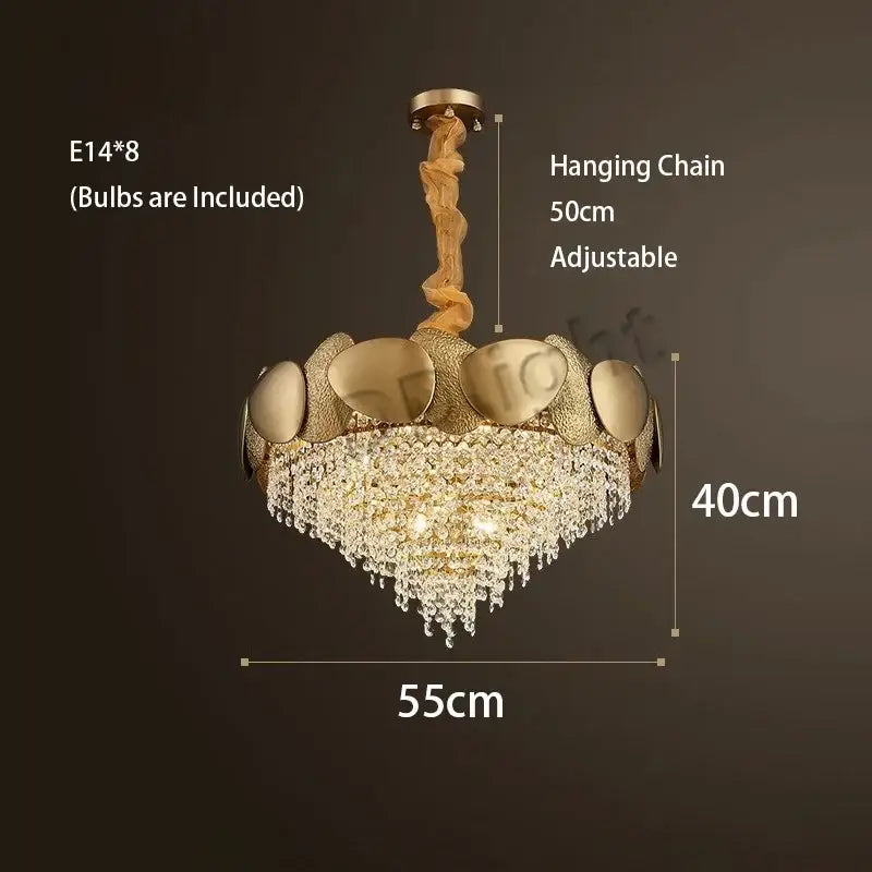 Modern gold pendant chandelier with eight e14 bulbs, decorbites crystal tassles, and cascading crystal tassles led droplets