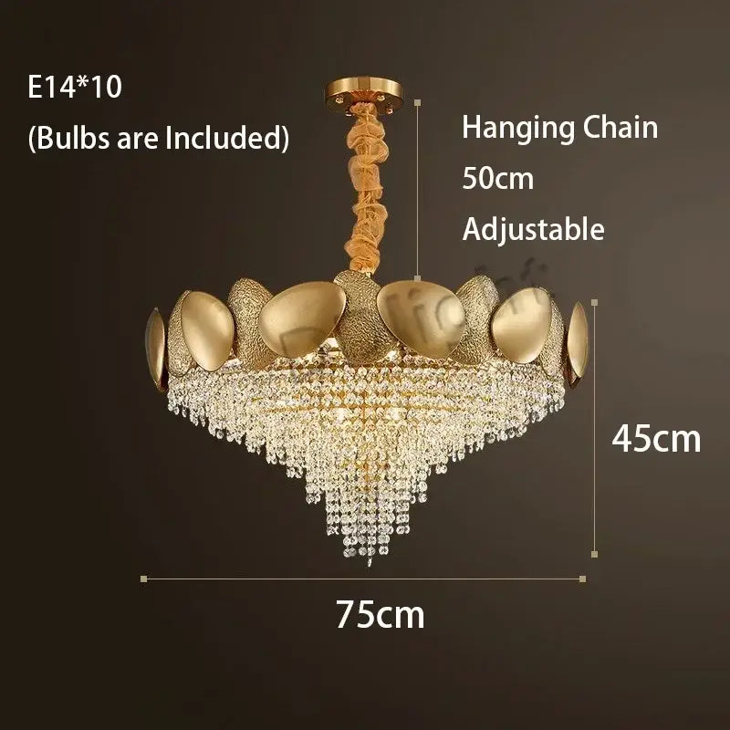 Modern gold pendant chandelier with crystal tassles led, featuring a textured metallic frame and polished gold oval accents
