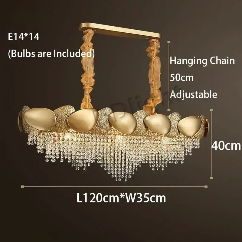 Modern gold pendant chandelier with five oval metallic fixtures and decorbites crystal tassles led for living room decor