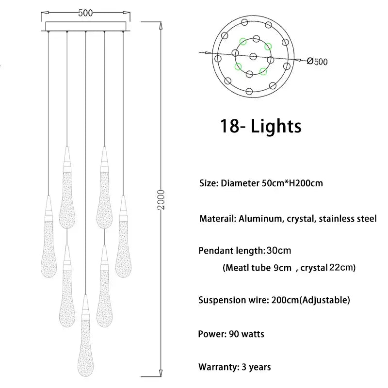 Modern gold crystal tear drop chandelier with an 18-light circular aluminum frame and stainless steel wires decorbites crystal tear