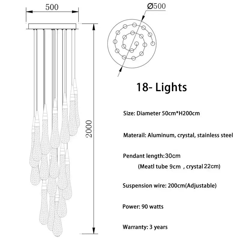 Modern gold crystal tear drop led pendant light with 18 teardrop crystal pendants on aluminum stainless steel frame