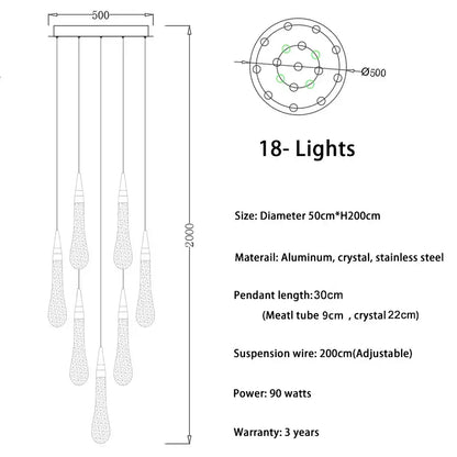 Modern gold crystal tear drop LED pendant light with 18-light aluminum frame and crystal tear drop ceiling decorbites design