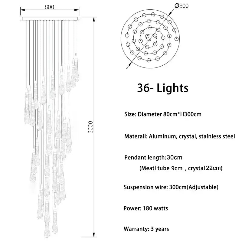 Modern gold crystal tear drop led pendant light with 36-light cascading crystal tear drop and stainless steel suspension wires