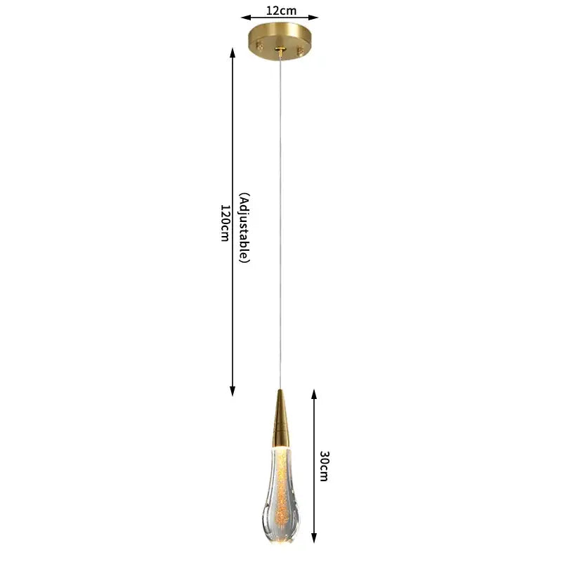 A modern gold crystal teardrop chandelier with clear glass shade and golden filaments for staircase lighting