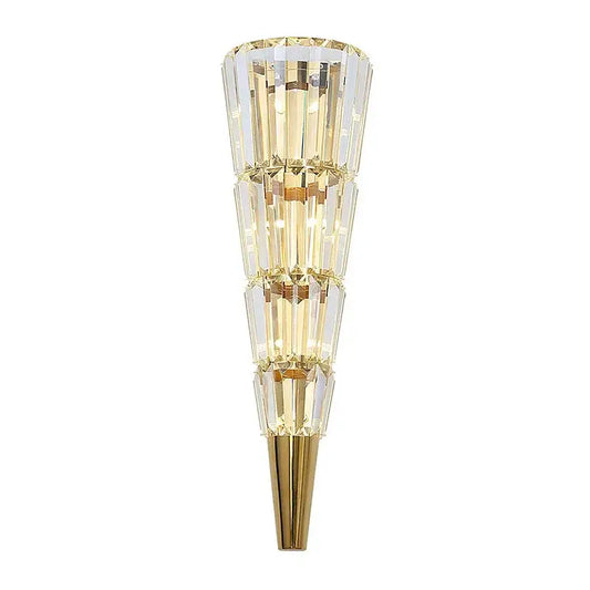 A modern gold crystal torch wall lamp with stacked faceted crystal tiers and gold metal for living room decorbites wall lamp