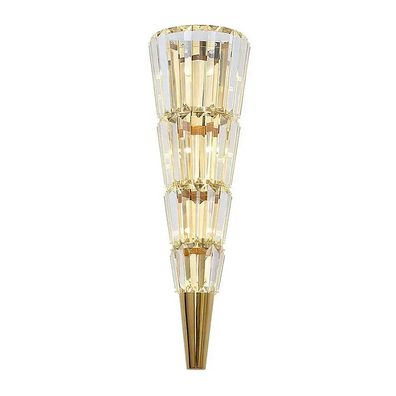 A modern gold crystal torch wall lamp with stacked faceted crystal tiers and gold metal for living room decorbites wall lamp