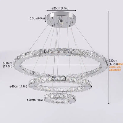 Modern chrome crystal triangle chandelier with three concentric rings and sparkling clear crystals for living room decorbites crystal triangle