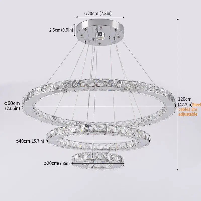 Modern chrome crystal triangle chandelier with three concentric rings and sparkling clear crystals for living room decorbites crystal triangle