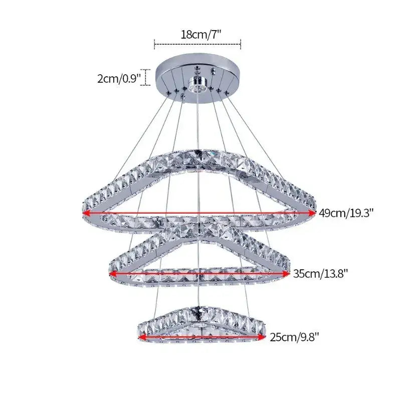 Modern chrome-finished chandelier with three tiered crystal-encrusted rings matching decorbites crystal triangle style