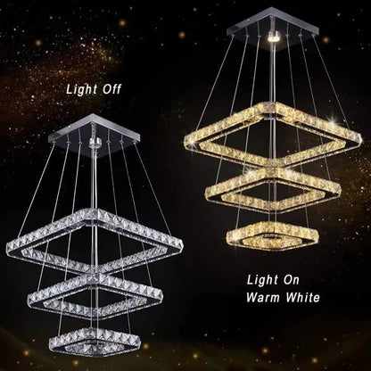 Modern gold decorbites crystal triangle chandelier with tiered diamond crystal rings and warm white led lights for living room