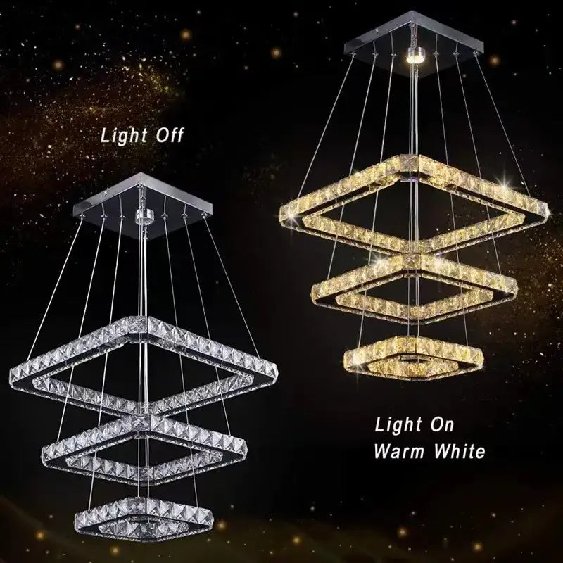 Modern gold decorbites crystal triangle chandelier with tiered diamond crystal rings and warm white led lights for living room