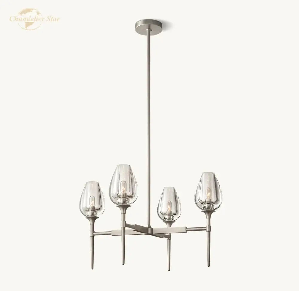 Modern brushed nickel crystal tulip chandelier pendant with four clear glass teardrop shades for dining room decorbites crystal tulip
