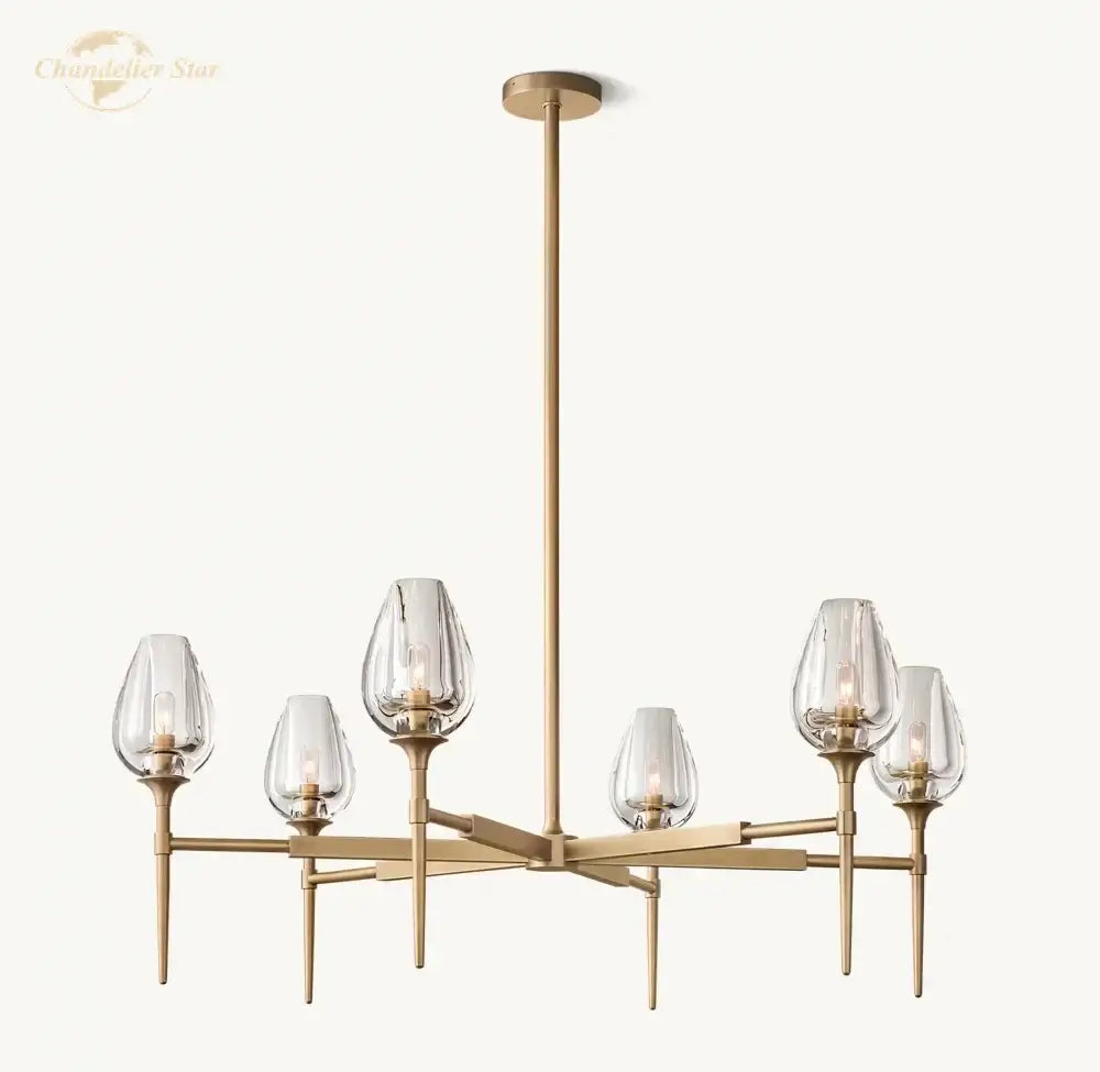 Modern gold decorbites crystal tulip chandelier pendant light with five clear glass teardrop shades and geometric frame