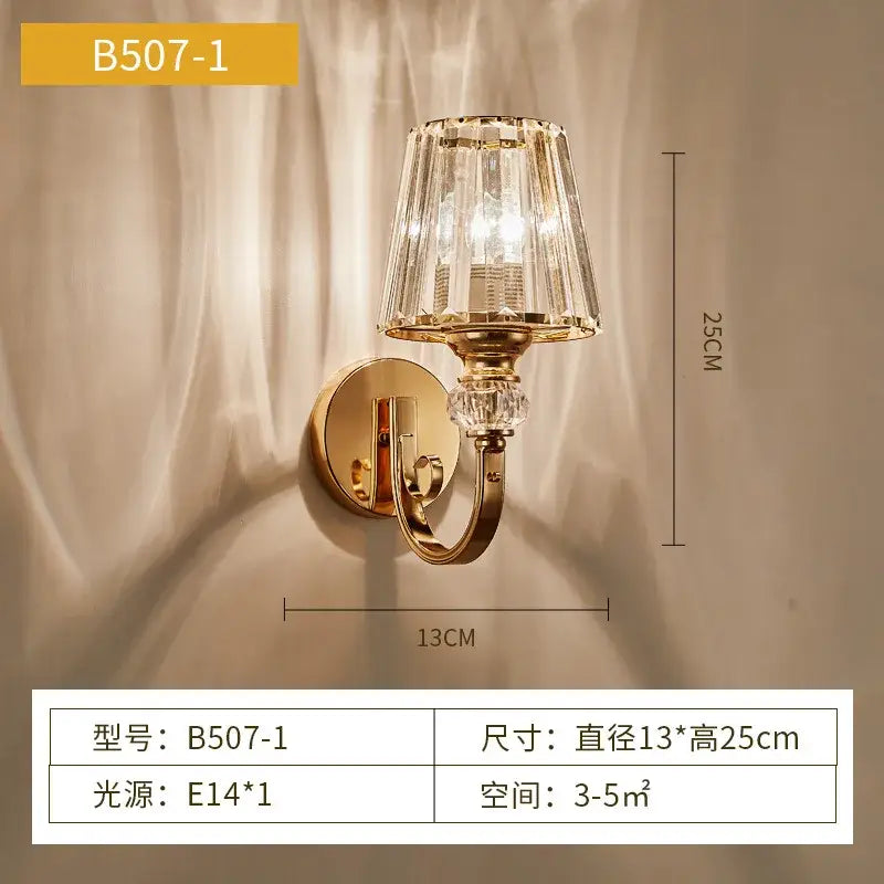 Modern gold crystal wall lamp with faceted crystal shade and decorative accents for elegant bedroom decorbites crystal wall lamp