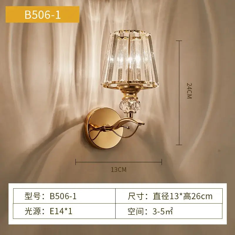 Modern gold crystal wall lamp featuring a faceted crystal shade and decorative crystal accents for bedroom decorbites crystal wall