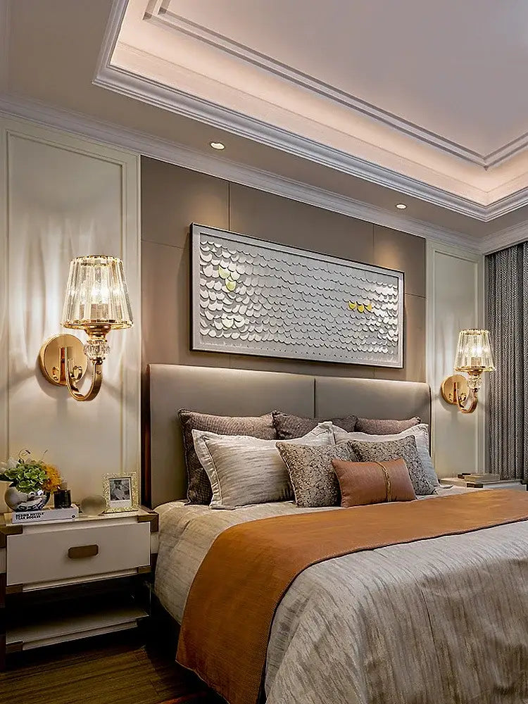 Modern gold crystal wall lamp with faceted crystal glass shades for bedroom decorbites crystal wall sconce lighting