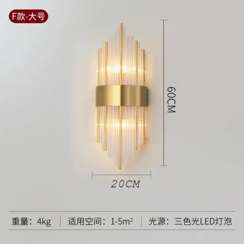Modern gold crystal wall lamp with vertical crystal rods and three-color led lighting for elegant bedroom decorbites crystal wall