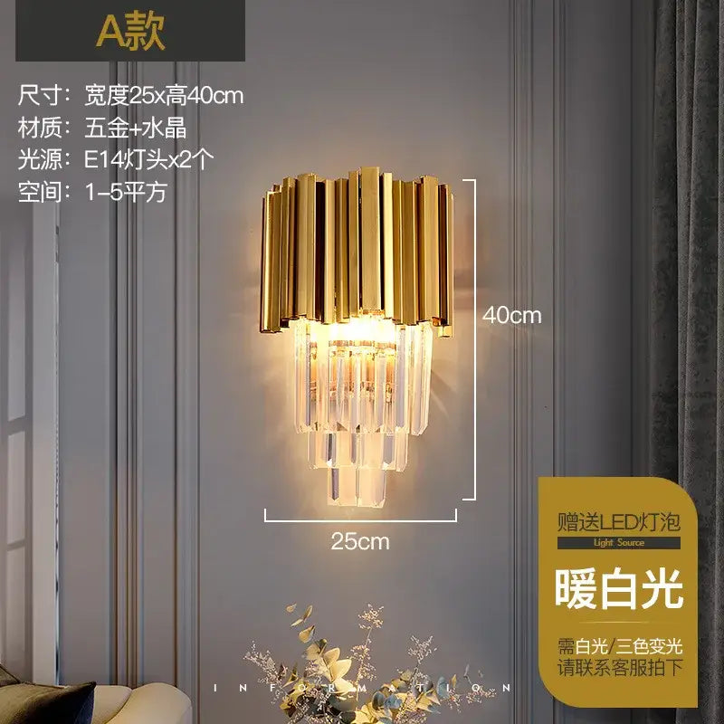 Modern gold crystal wall lamp with vertical metallic bars and cascading clear crystals for elegant decorbites crystal wall lighting