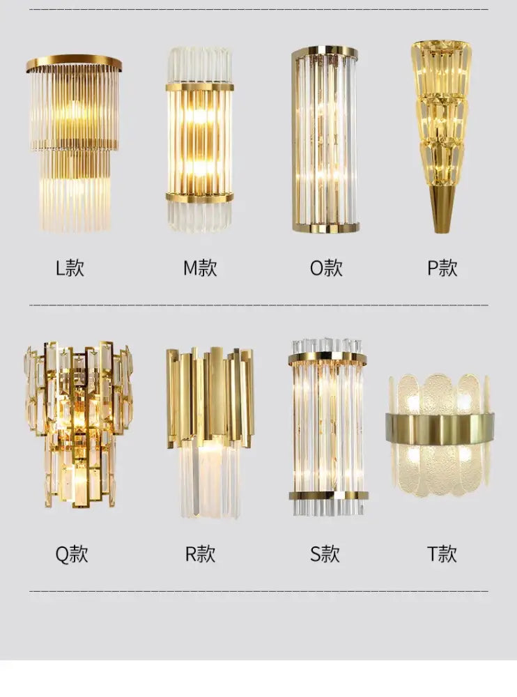 Modern gold crystal wall lamp featuring clear glass prismatic panels in various designs for bedroom decorbites crystal wall lamp