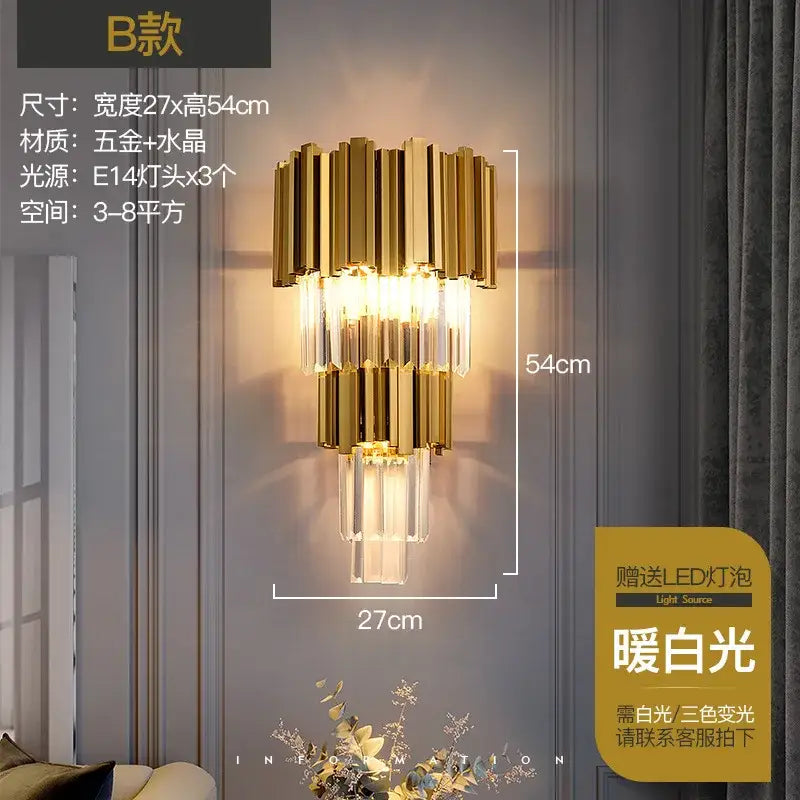 Modern gold crystal wall lamp with tiered vertical bars and clear crystal accents for elegant bedroom decorbites crystal wall