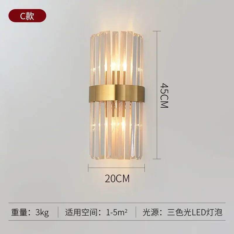 Modern gold crystal wall lamp with vertical glass rods, brass band, and three-color led lighting for decorbites crystal wall lamp