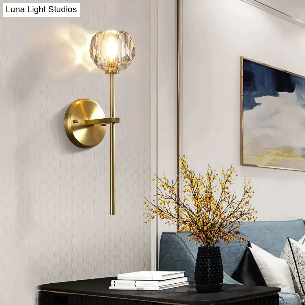 Gold-toned DecorBites Ivy wall lamp featuring a faceted crystal globe shade as a decorative crystal wall lamp