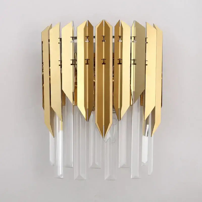 Modern gold metallic wall lamp with leaf panels and clear crystal rods decorbites crystal wall lamp for bedroom decor