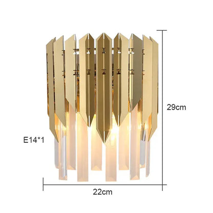 Modern gold crystal wall lamp with vertical metallic blades and clear accents for bedroom decorbites crystal wall sconce