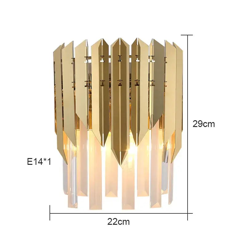 Modern gold crystal wall lamp with vertical metallic blades and clear accents for bedroom decorbites crystal wall sconce