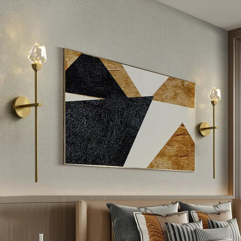 Modern gold crystal wall lamp with bold black white and gold geometric decorbites crystal wall panels and textured finish