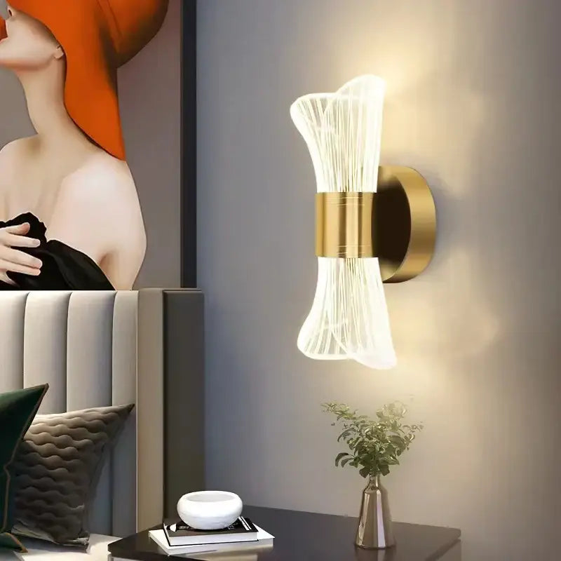 Modern gold crystal wall lamp with translucent ribbed glass shade and vertical fiber optic strands for elegant decorbites crystal wall lighting
