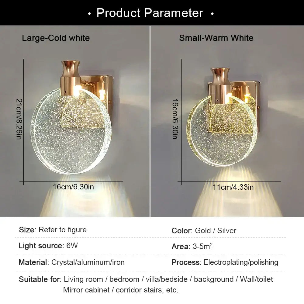 Modern gold crystal wall lamp with circular crystal face and clear glass shade for bedroom wall lamp decorbites crystal wall