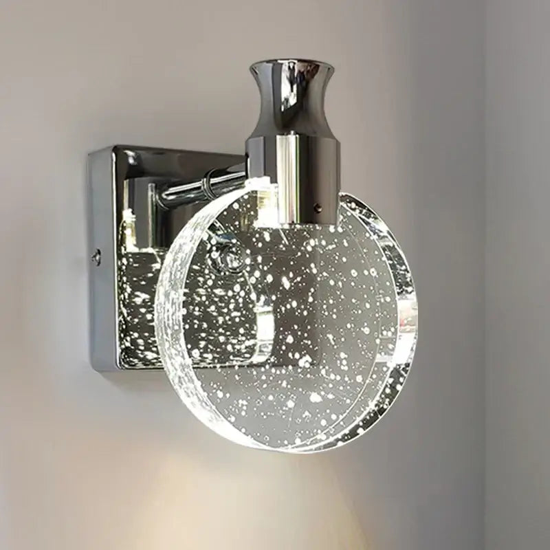 Modern gold crystal wall lamp with chrome finish and clear glass globe filled with sparkling bubbles for bedroom decorbites crystal wall lamp