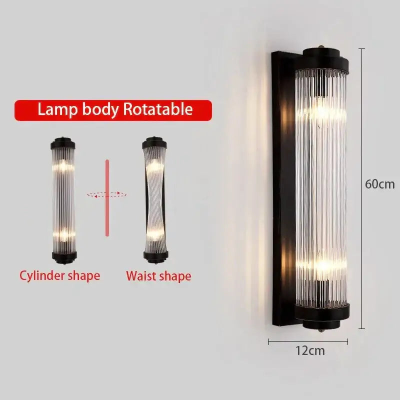 Black wall lamp with cylindrical glass body featuring vertical frosted stripes and adjustable rotatable design decorbites crystal wall