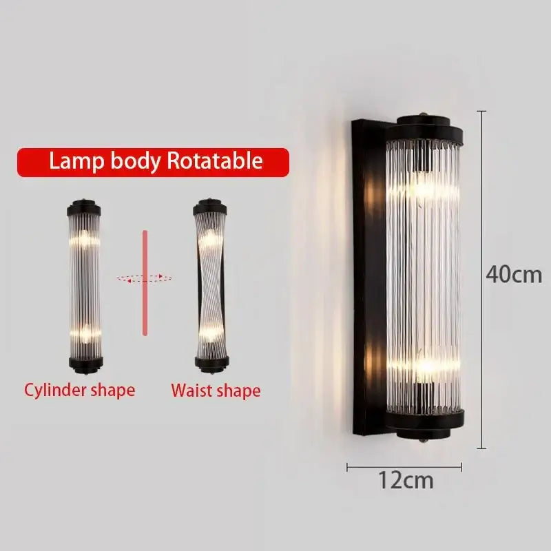 Modern gold crystal wall lamp with black cylindrical glass body featuring vertical ridges and warm led lighting decorbites crystal wall